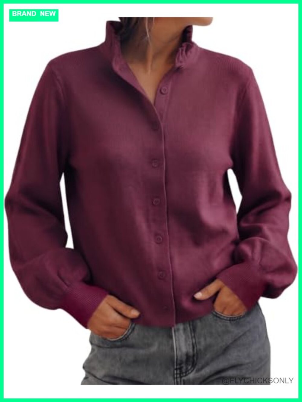 Womens Puff Long Sleeve Cardigan Ruffle Collar Knit Sweater